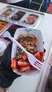 Mini pancakes and strawberries with sprinkles made by Snack Sized Food Cart Dessert Catering in Antelope Valley CA
